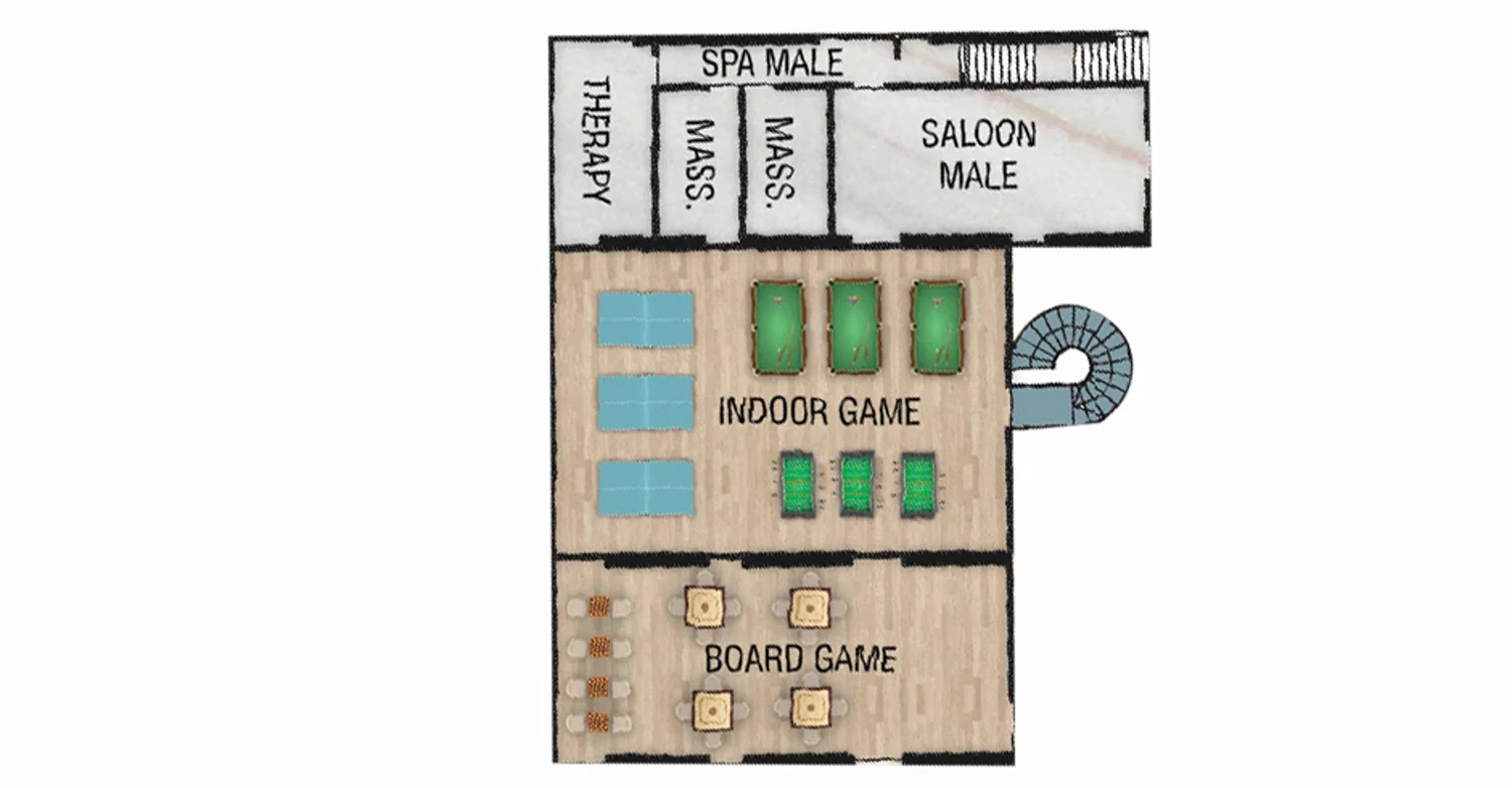 Developer layout detail for Haware Swaraj showing the indoor games room with table tennis, pool and foosball, the board games room, and the spa, therapy, massage and saloon rooms alongside