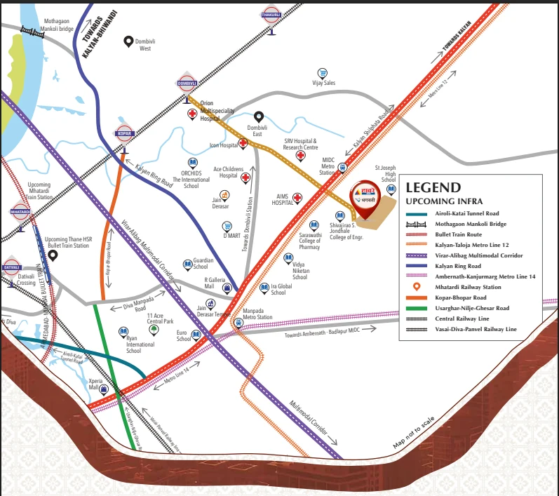 The developer's location map for Haware Swaraj, showing the site marker against Dombivli station, the Kalyan Ring Road, Metro Line 12 and the surrounding schools and hospitals