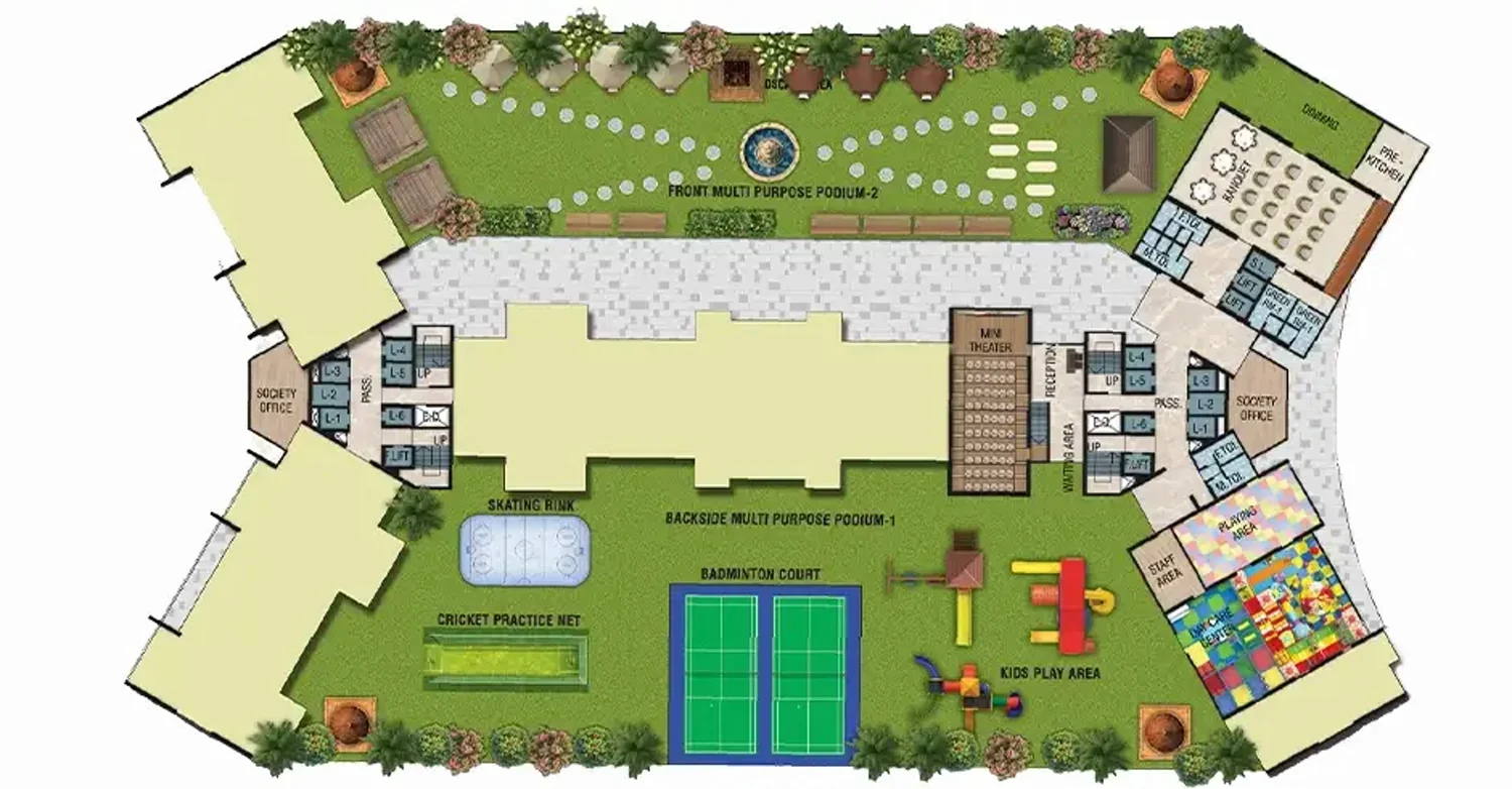 Developer podium layout drawing for Haware Swaraj labelling the skating rink, badminton court, cricket practice net, mini theatre, banquet hall with pre-kitchen and the kids play and day care areas