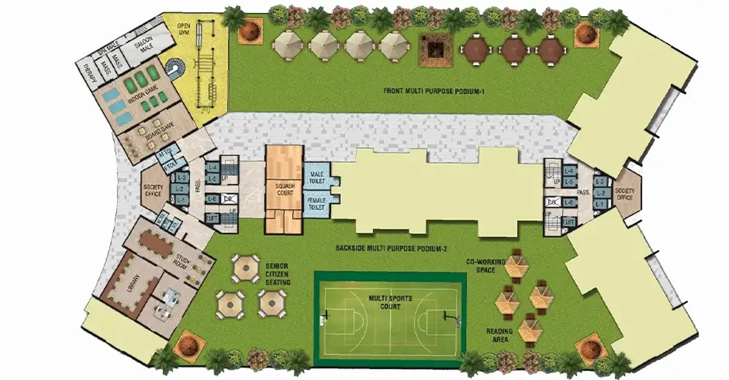 Developer podium layout drawing for Haware Swaraj labelling the multi sports court, squash court, library, study room, spa, therapy and massage rooms, open air gym and society offices