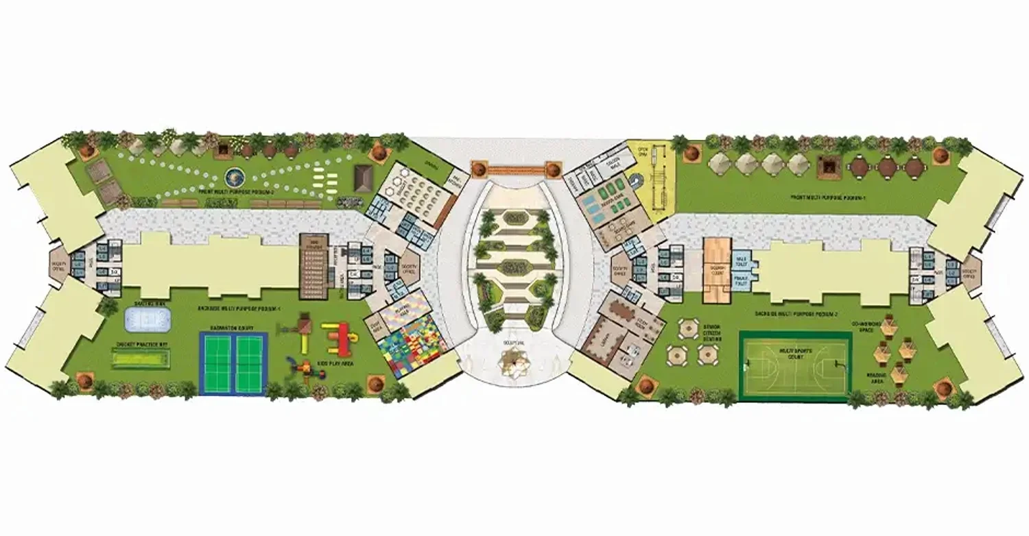 Developer podium layout drawing for Haware Swaraj showing both podium arms either side of a central landscaped court, with the amenity blocks labelled